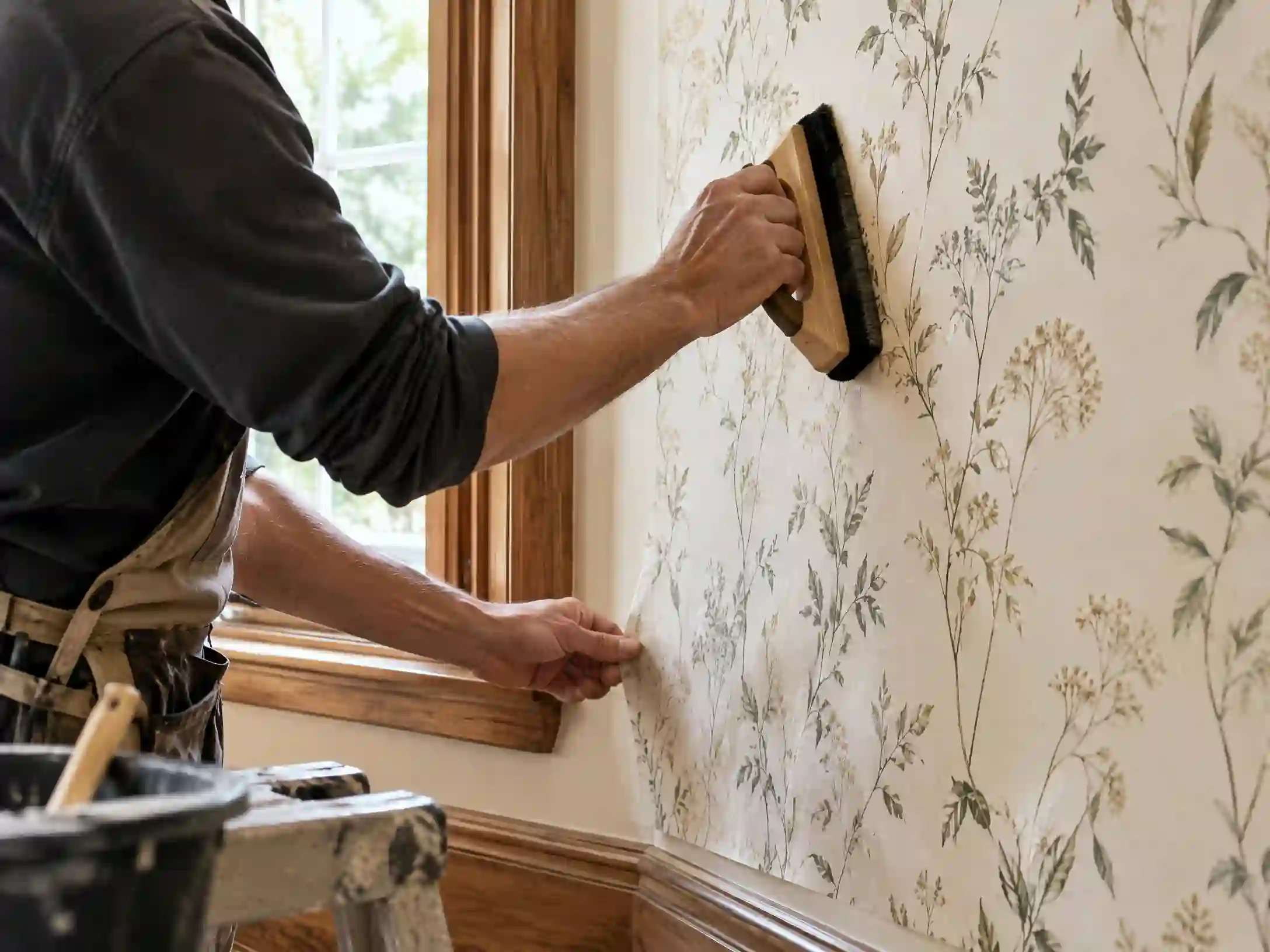 Professional wallpaper installer working on a quality interior installation